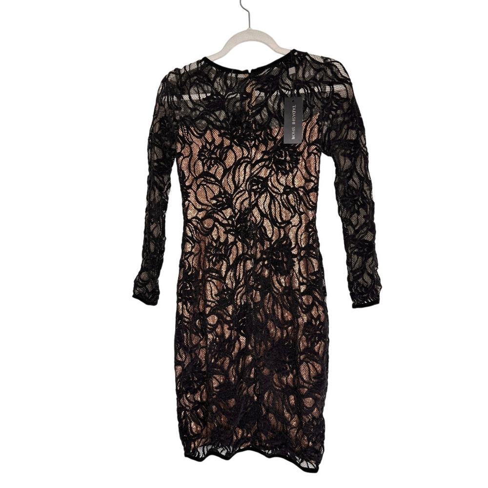 Tadashi Shoji Vita Sequin Floral Lace Over Bodycon Mini Dress 2 Black Sheath - Picture 13 of 13